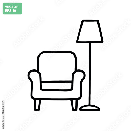Simple hand drawn sketch of a comfortable armchair and floor lamp