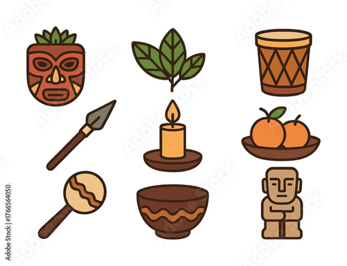 Vector Colorful tribal icons set featuring mask, spear, leaves, drum, candle, oranges, maraca, bowl, and statue