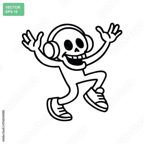 Dancing skeleton character with headphones grooving to music