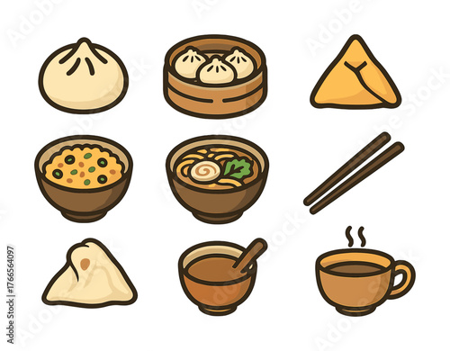 Vector Collection of delicious asian dishes and beverages: dumplings, samosa, noodles, tea