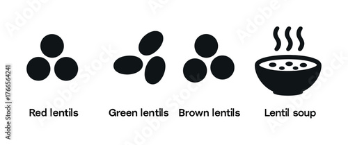 Vector Types of lentils and lentil soup icon set: red, green, brown varieties
