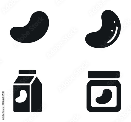 Vector Black and white bean icons with milk carton and jar symbols