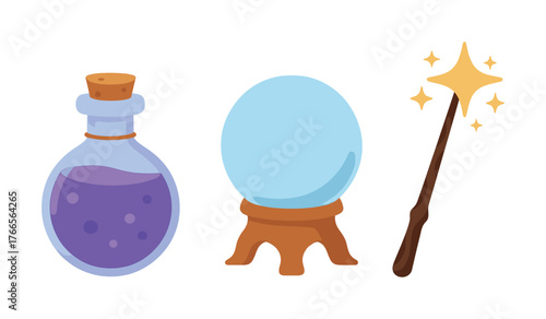 Vector Magical potion bottle, crystal ball, and wand with sparkles