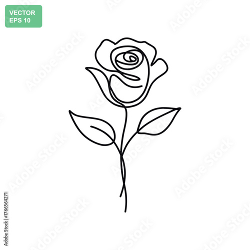 Elegant single line drawing of a blooming rose with leaves and stem