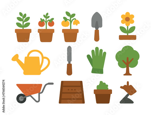 Vector Colorful gardening tools and plants illustration with wheelbarrow and gloves