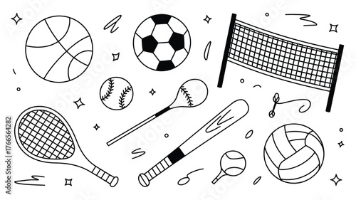 Dynamic sports equipment collection featuring basketball, soccer, tennis, baseball, and volleyball for active lifestyles and athletic pursuits.