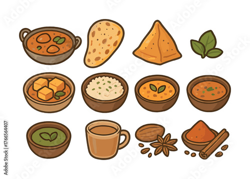 Vector Assorted indian food doodles: curry, samosa, naan, rice, tea, spices, and more