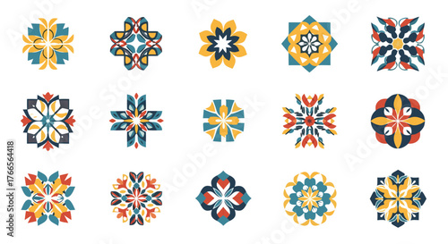 Collection of intricate geometric mandala-like designs featuring a symmetrical and repeating pattern with a vibrant color palette of yellow, blue, and red