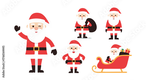 Festive Santa Claus illustrations in various poses including waving, carrying a sack, and riding a sleigh, perfect for holiday designs