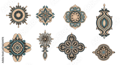 Ornate Decorative Medallion Embellishments Featuring Intricate Geometric Patterns and Floral Motifs in Teal, Beige, and Brown Hues