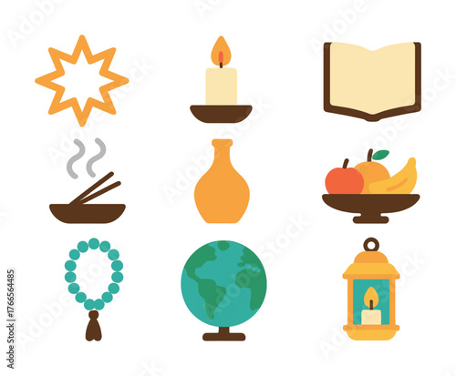 Vector Cultural symbols: candle, open book, chopsticks, vase, fruits, prayer beads, globe, lantern