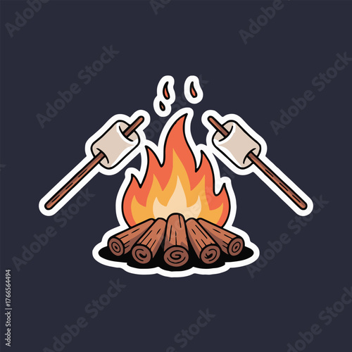 A cartoon campfire with logs and flames and marshmallows on sticks ready to be roasted nicely now