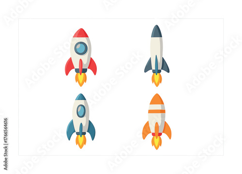 Vector Colorful cartoon rocket ships set on white background with four variations