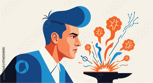 Cognitive Blacksmith – Flat Vector Illustrating Innovation Forged into Business Ideas