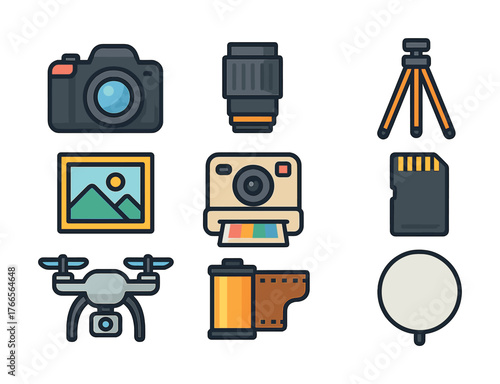 Vector Photography equipment icons: camera, lens, tripod, drone, memory card, film