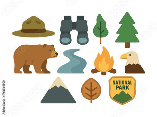 Vector National park adventure icons: bear, trees, campfire, eagle, ranger hat