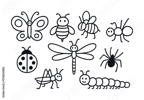 Vector Cute insect doodles featuring butterfly, bee, ant, and more