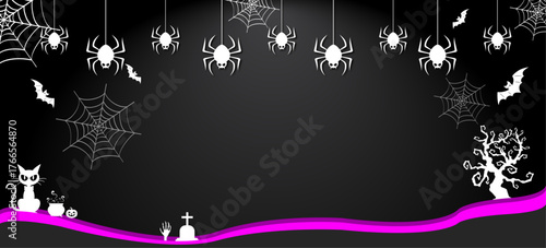 Spooky Halloween background with hanging spiders, cobwebs, bats, cat, haunted tree, and graveyard on dark black backdrop with glowing purple wave — creepy holiday design for banners, invitations, and 