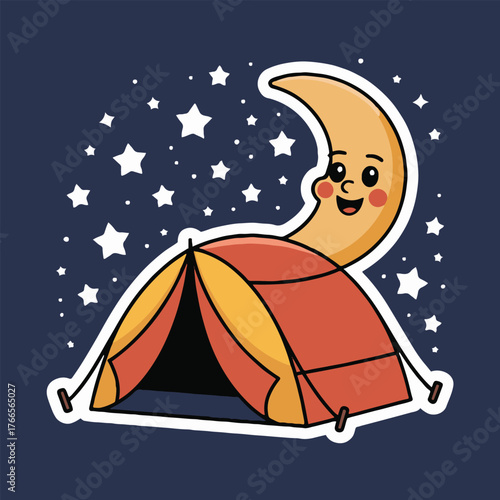 Cartoon illustration of a smiling moon behind a tent under a starry night sky background