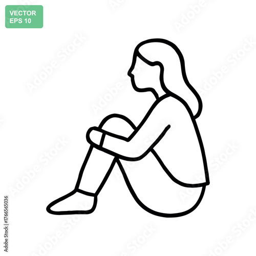 Simple line drawing of a young woman sitting alone in thought