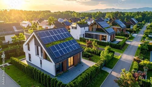 Aerial view showcases modern houses with solar panels and green roofs in a suburban setting