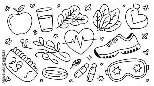 Vibrant collection of hand drawn icons symbolizing healthy living, fitness, wellness, and self care for a balanced lifestyle
