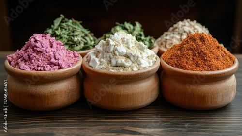 Assortment of vibrant spices in rustic wooden bowls arranged beautifully on dark wood