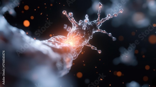 Enigmatic cellular structure, illuminated with fiery energy, hinting at unseen biological