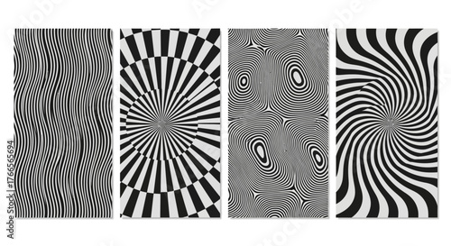 Set of four mesmerizing black and white op art patterns featuring hypnotic spirals, distorted waves, and psychedelic geometric shapes