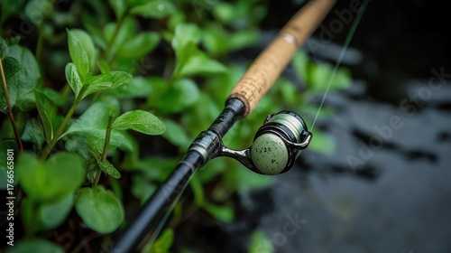 Fishing tranquility: A detailed view of a rod and reel amidst lush greenery peaceful scene