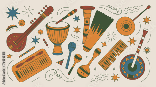 Vibrant collection of diverse musical instruments and abstract shapes, evoking global rhythm and creative expression