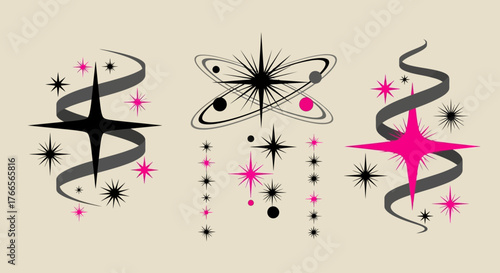 A stylish set of mid-century modern design elements featuring retro 1950s atomic stars, celestial swirls, and sparkling graphics