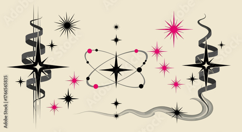 A collection of mid-century modern graphic elements featuring atomic stars, sparkle symbols, and retro futuristic design swirls