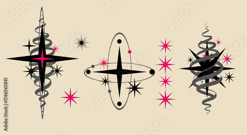 Abstract retro graphic set with mid-century atomic starbursts and sparkling celestial shapes