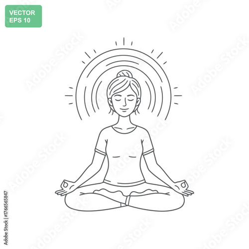 Woman meditating in lotus pose with aura and concentric circles