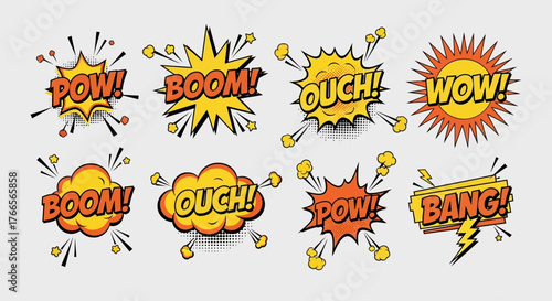 A vibrant vector collection of comic book speech bubbles and explosion bursts with sound effect text