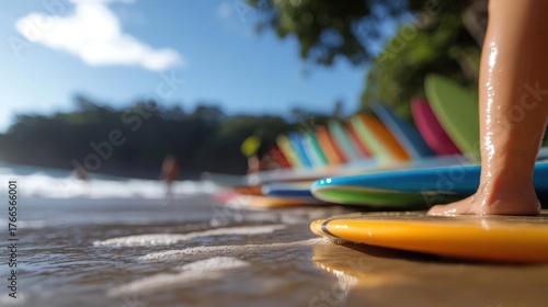 Surfing vibes: Colorful surfboards lined up on the sandy beach ready for ocean adventures