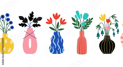 Set of various hand-drawn whimsical vases with beautiful spring flowers. Modern decorative floral vector illustration