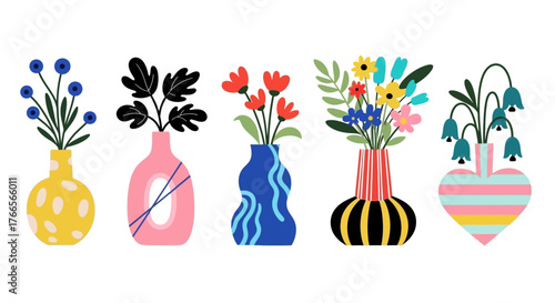 A diverse set of five decorative vases with beautiful flower arrangements, showcasing modern design and vibrant colors