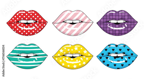 Colorful graphic design collection of pop art lips with different patterns like polka dots, stripes, hearts, and stars