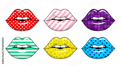 Vibrant collection of female lips with colorful pop art patterns like dots, stripes, and stars for fashion design