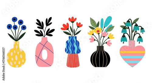 A charming collection of five decorative vases filled with blooming flowers. Modern flat style illustration of colorful floral bouquets for home decor