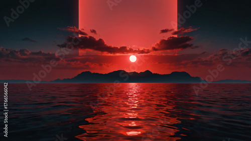 Surreal Red Sunset over Ocean — Futuristic Landscape Art