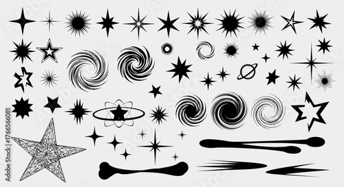 Collection of black silhouette vector stars, sparkles, and galaxy swirls. Set of abstract celestial shapes and cosmic design elements