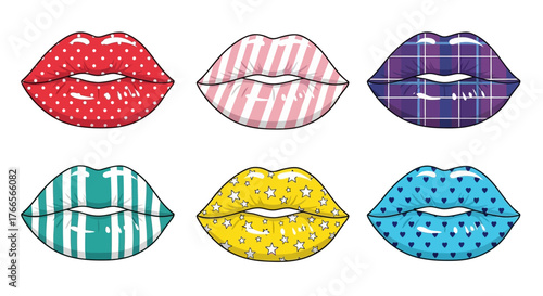 A vibrant set of six illustrated female lips featuring various pop art patterns like stripes, plaid, and polka dots
