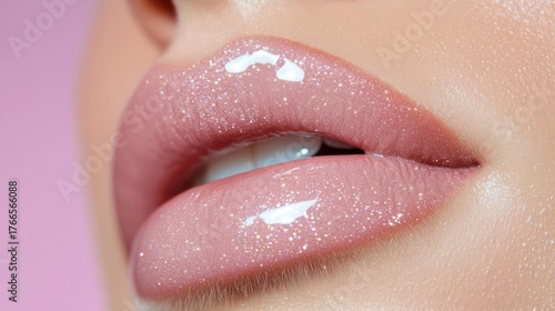 Close-up of a glamorous female face with glossy rose lips and sparkling highlights