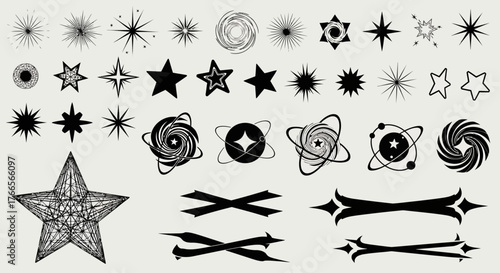 A modern vector icon collection featuring a diverse assortment of star shapes, bursts, swirls, and decorative line dividers