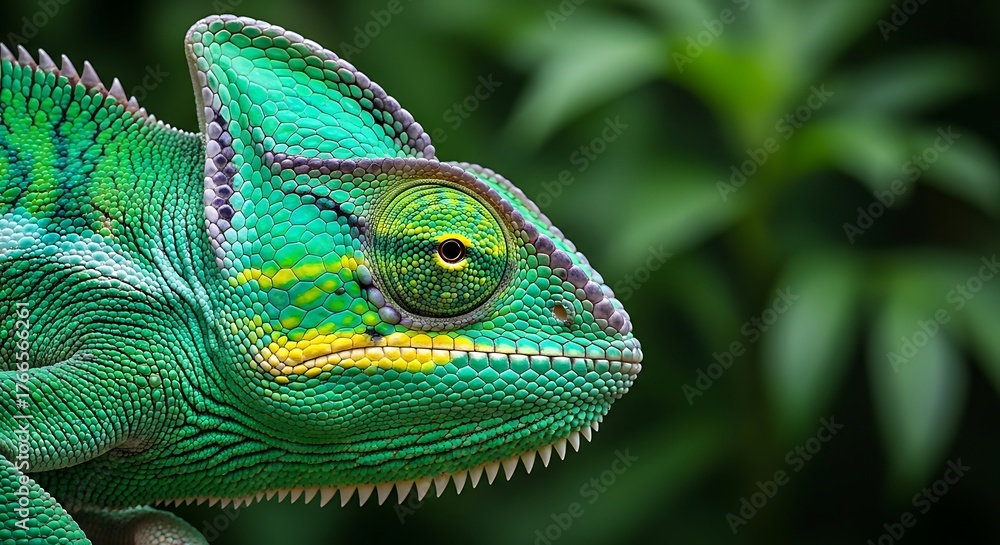 Obraz premium Vivid green chameleon with detailed scales and textured skin against lush foliage