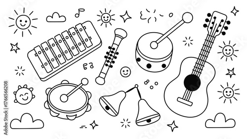 Delightful collection of whimsical musical instruments and happy suns perfect for children's educational content and playful designs