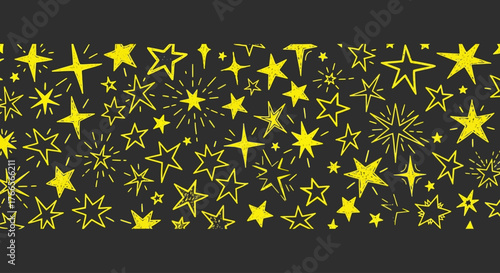 A seamless banner featuring a collection of hand-drawn yellow doodle stars on a dark background. Vector illustration of a celestial night sky pattern